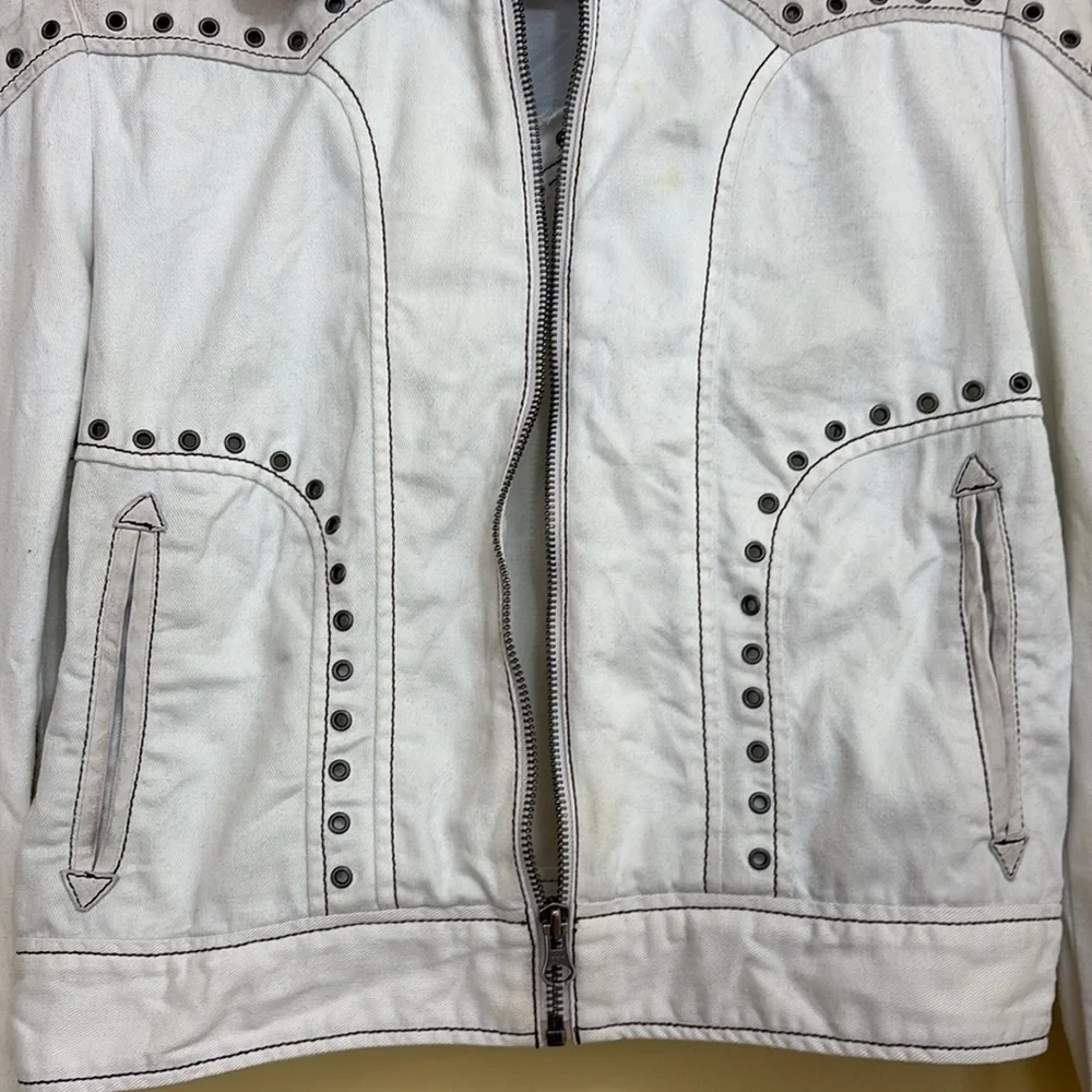 Jakket NY | Cream White Leather & Twill Riveted Studded Zip Pocket Moto Jacket S
